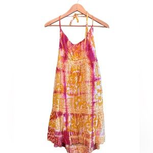 Lucky Brand Yellow Pink Tie Dye Floral Summer Halter Dress Sz L Boho Festival